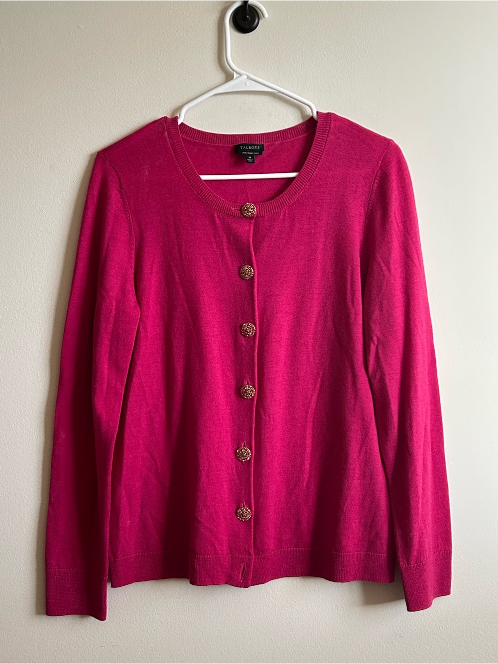 TALBOTS PURE MERINO WOOL Fuchsia Crewneck Button Cardigan